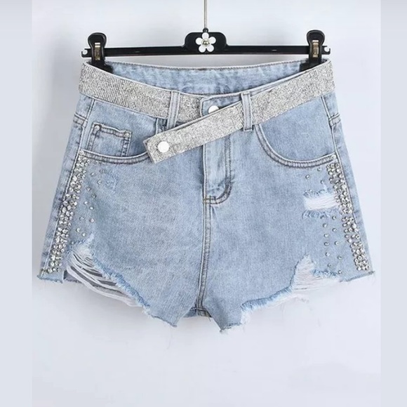 Rhinestone Studded Distressed Shorts - Picture 1 of 6
